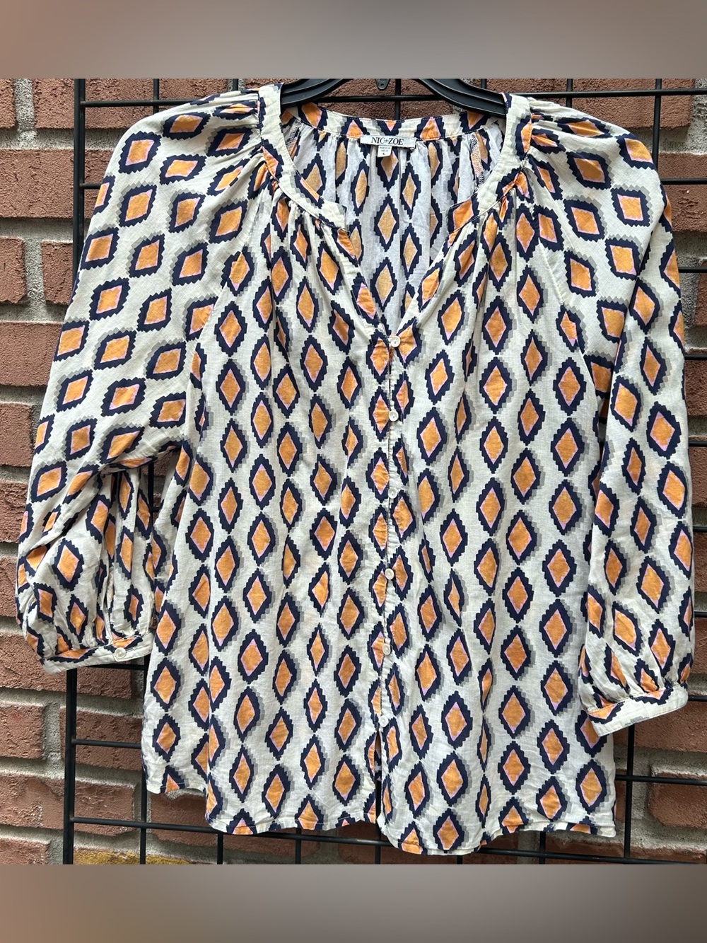 NIC+ZOE Cream Button-Front Shirt with Navy and Gold Diamond Print